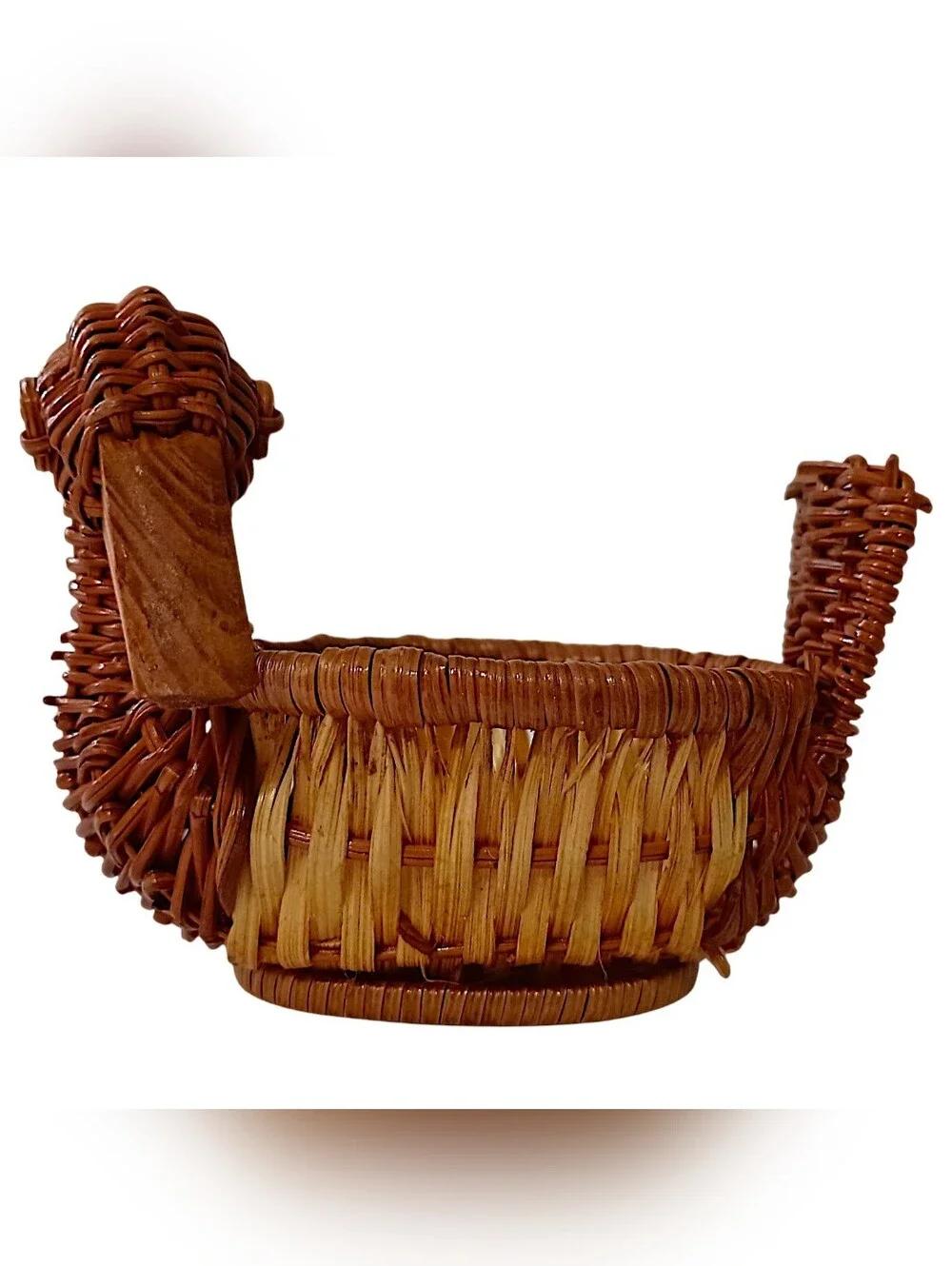 Vtg Mini Wicker Duck Goose Basket Planter Succulents Brown Figural Cottage Core